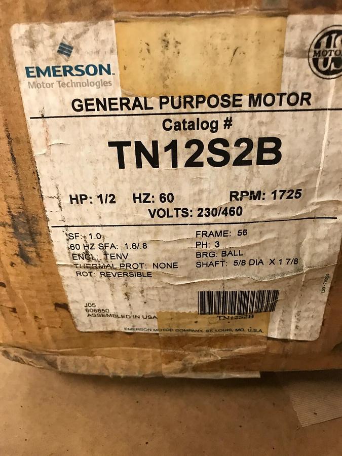 Used Emerson,TN12S2B,Motor 1/2HP 1725RPM 230/460V Frame 56