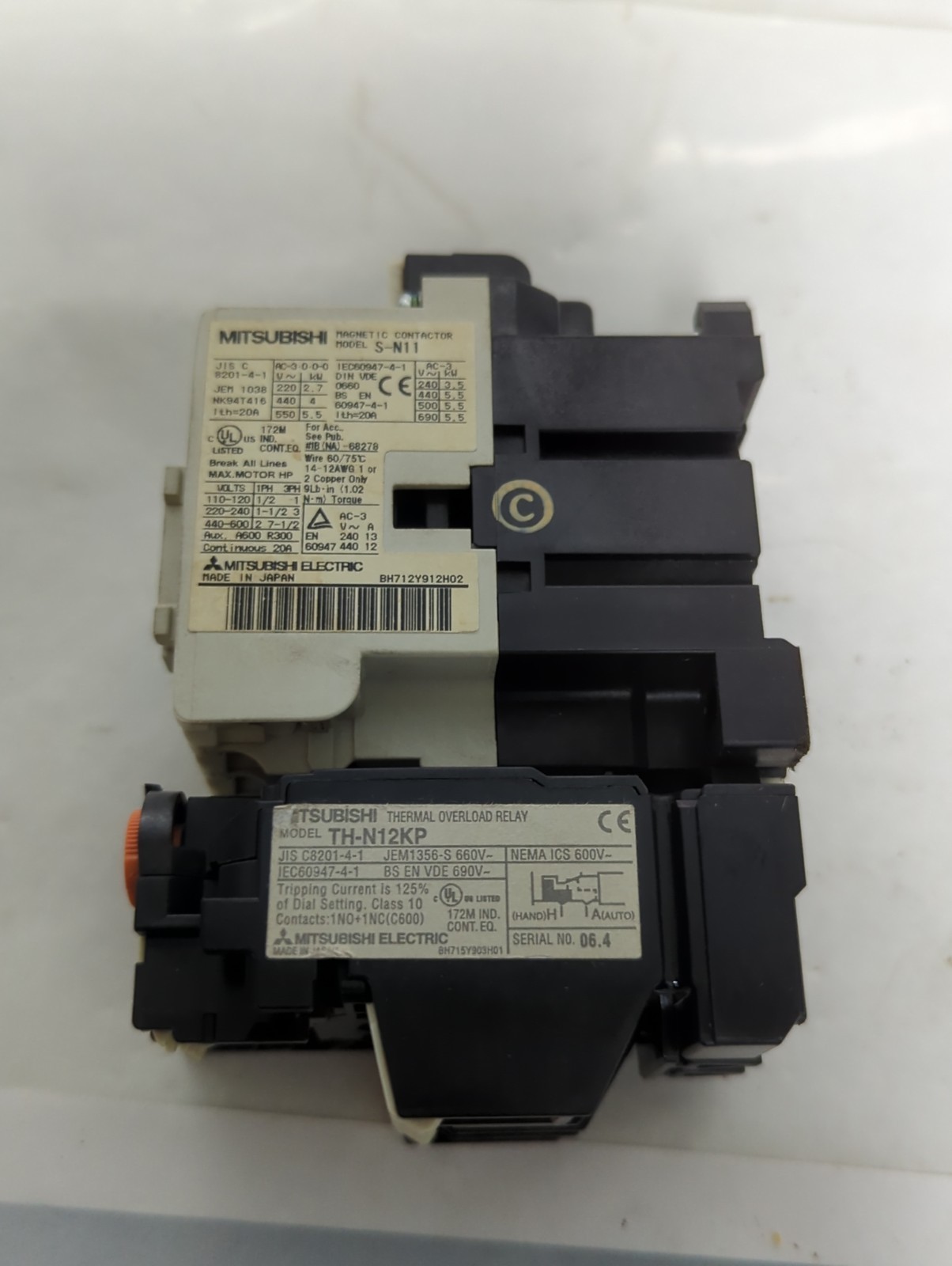 Used MITSUBISHI,S-N11,CONTACTOR WITH TH-N12KP RELAY PRE-OWNED