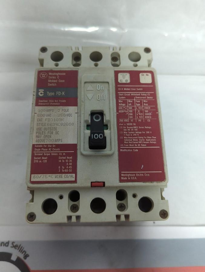 Used WESTINGHOUSE,FD3100K,CIRCUIT BREAKER 100 AMP 3-POLE PRE-OWNED