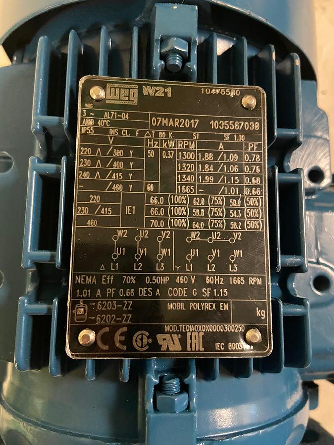 WEG,TE0IA0x0x0000300250,.5Hp Motor 1660RPM 220-460V