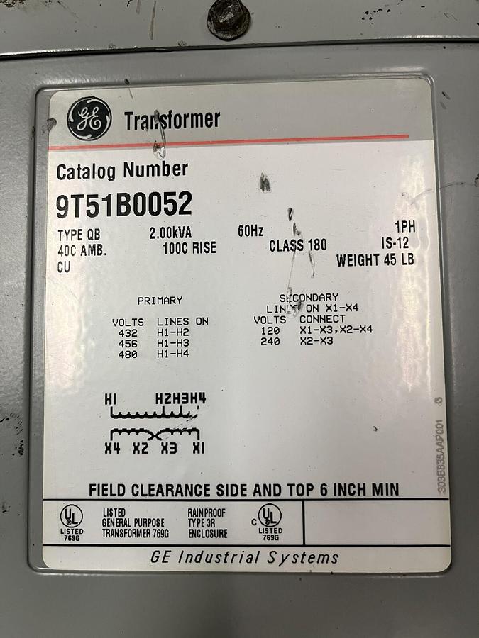 Used GE,9T51B0052,TRANSFORMER 2KVA PR 480V SEC 120/240V