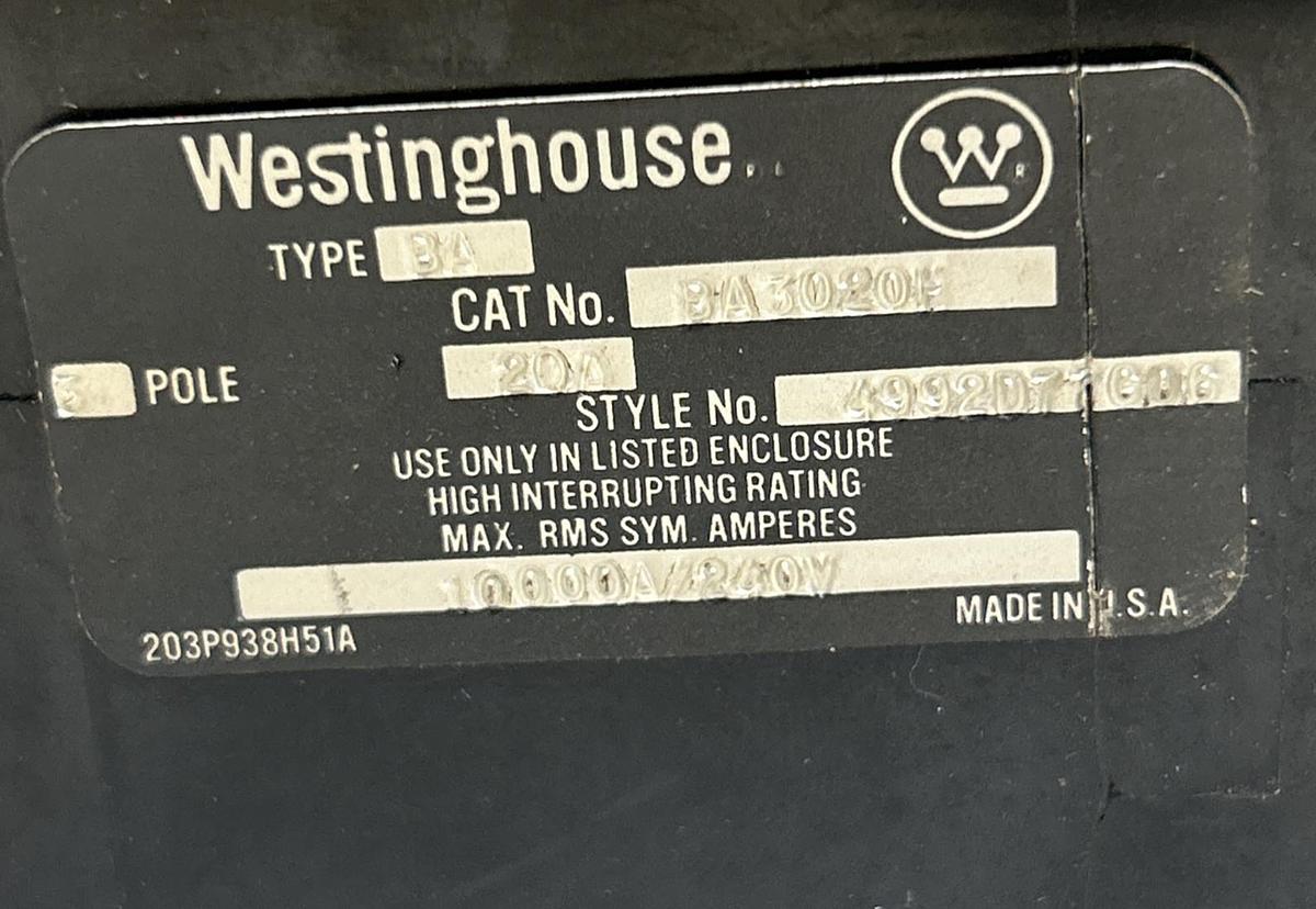 Used WESTINGHOUSE,BA3020H,CIRCUIT BREAKER 20A 240V 3P