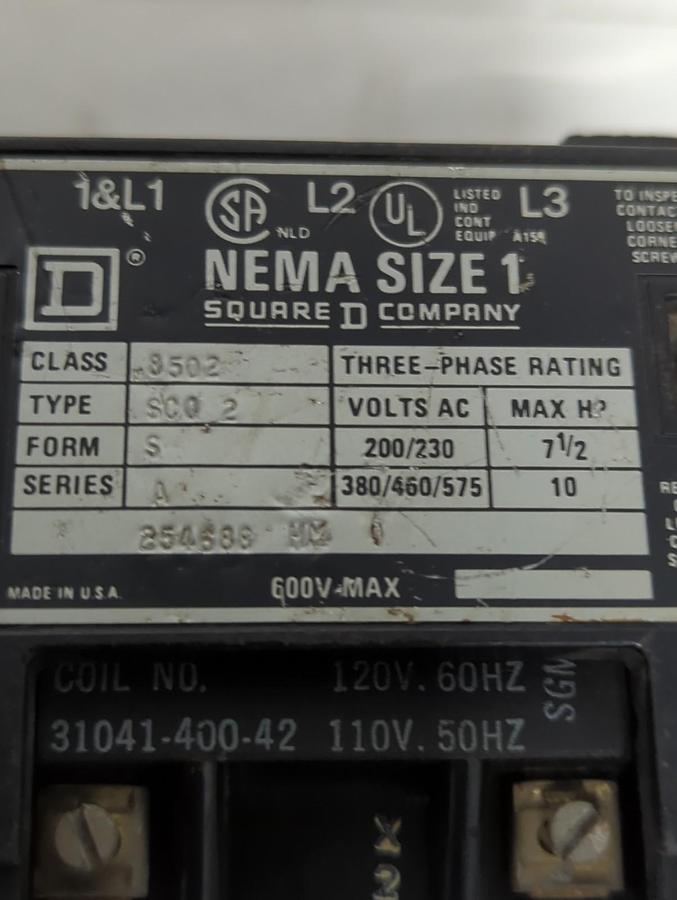 Used SQUARE D,8502 SC0 2,CONTACTOR 3-PHASE SIZE 1 PRE-OWNED