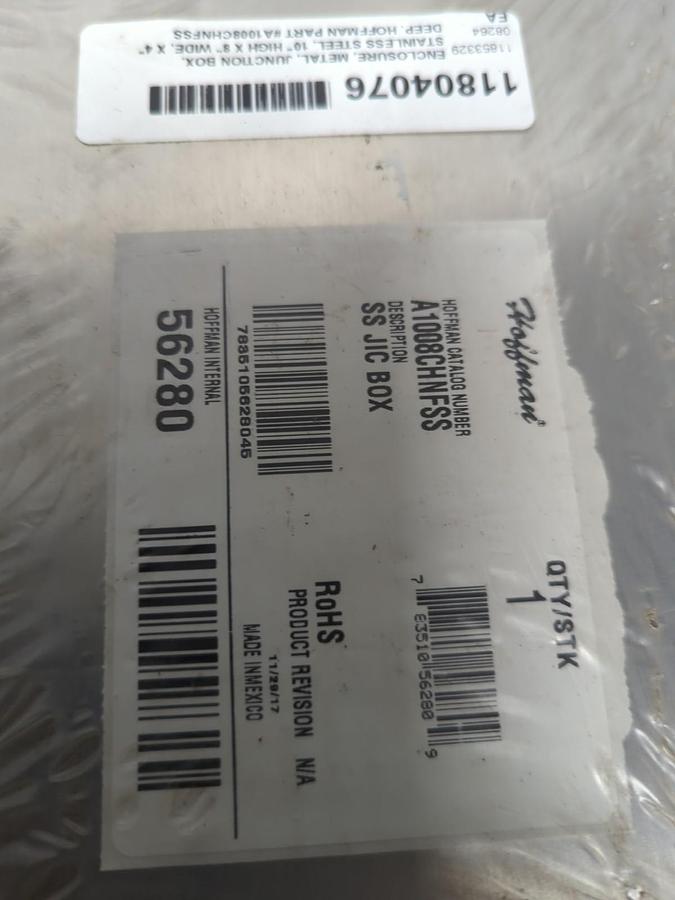 HOFFMAN,A1008CHNFSS,STAINLESS STEEL JUNCTION BOX 56280 10HX8WX4D INCH NOS