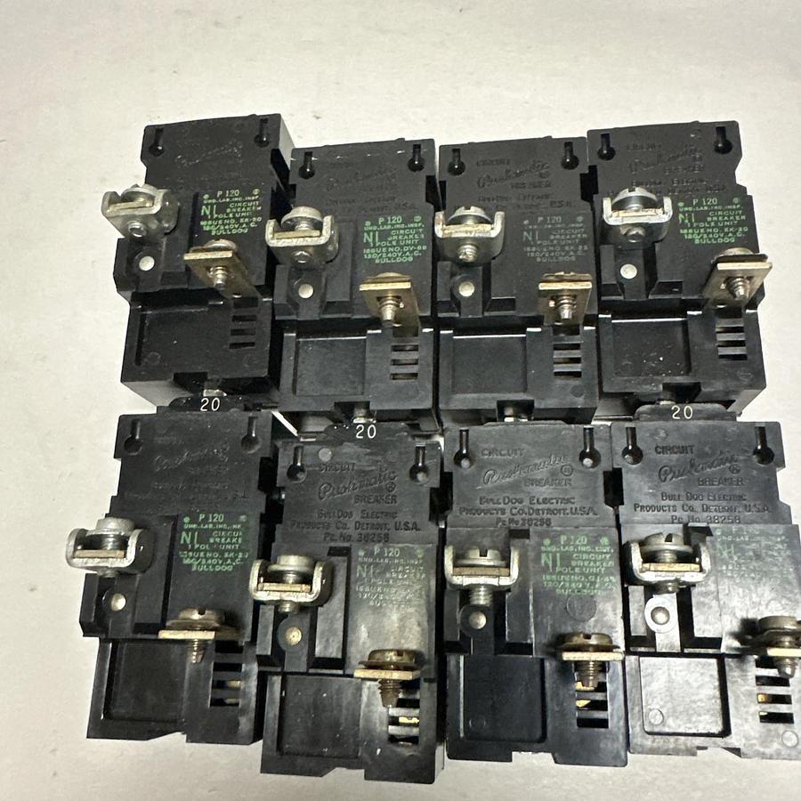 Used Pushmatic,P120,20 AMP Single Pole 120VAC Circuit Breaker LOT of 8