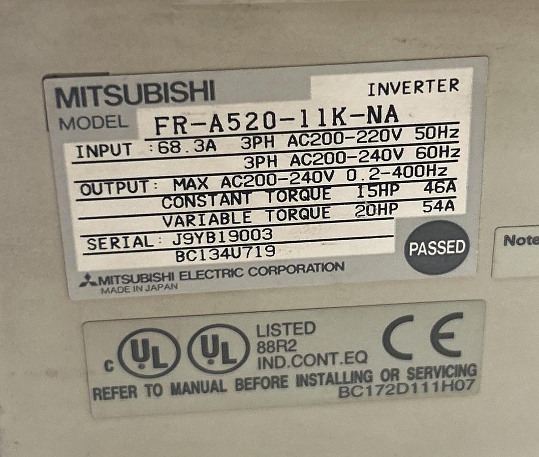 Used MITSUBISHI,FR-A520-11K-NA,TRANSISTORIZED INVERTER AC DRIVE