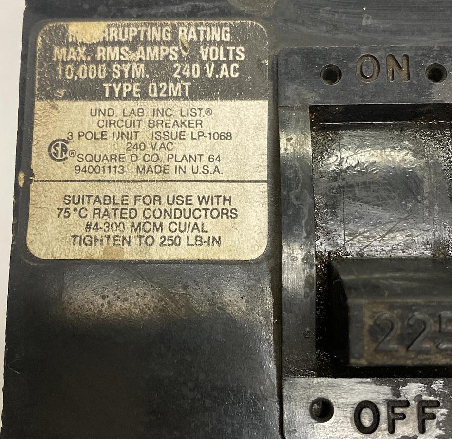Used Square D,Q2MT,Circuit Breaker 225A 240V 3 Pole
