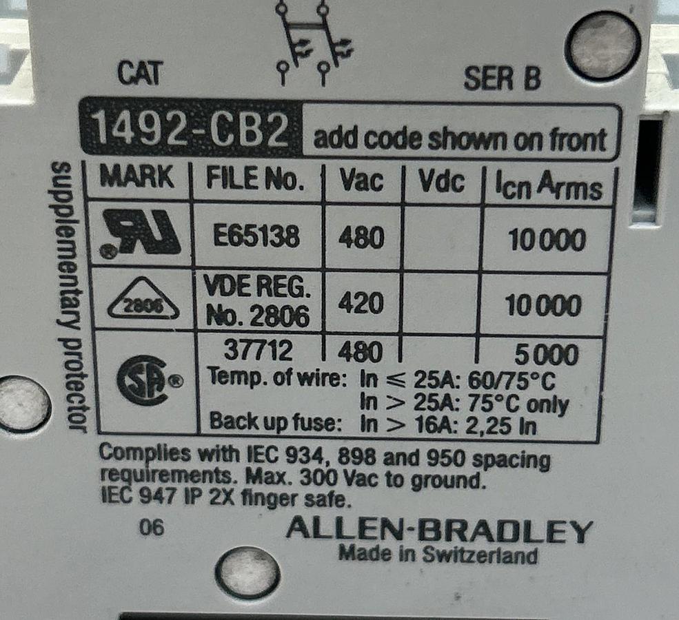 ALLEN BRADLEY,1492-CB2-G100,CIRCUIT BREAKER 10A 480V 2P LOT OF 4
