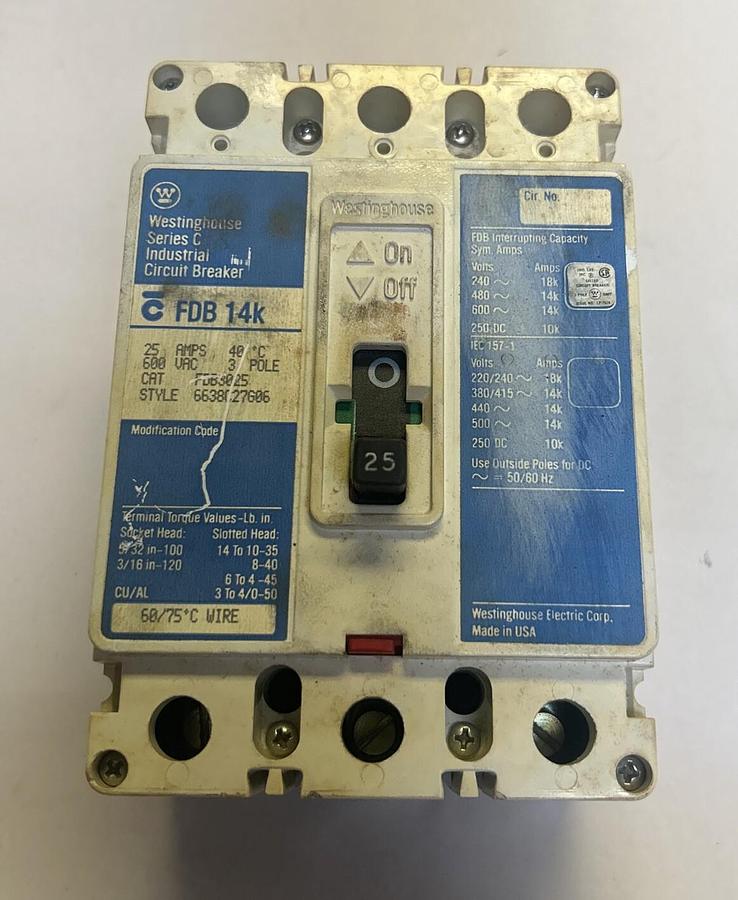 Used WESTINGHOUSE,FDB3025,CIRCUIT BREAKER 25AMP 600V 3P