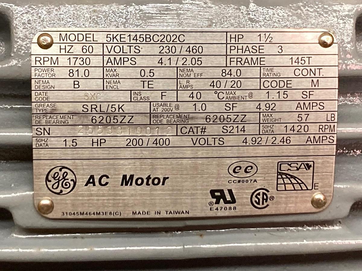 General Electric,5KE145BC202C,3-Phase AC Motor 1730rpm 1 1/2Hp 145T Frame