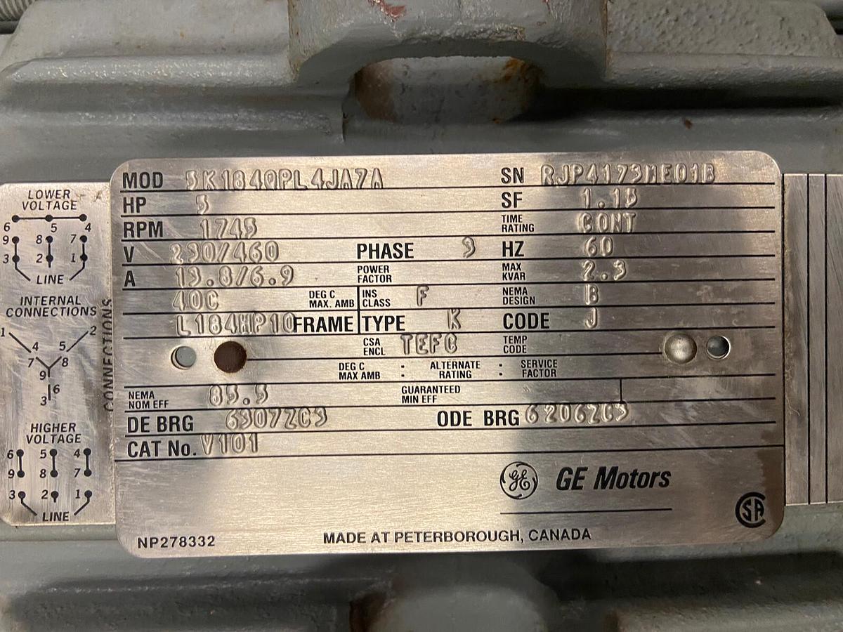 Used General Electric,GE 5K184QPL4JA7A,5Hp Motor 1745RPM  Frame L184HP10