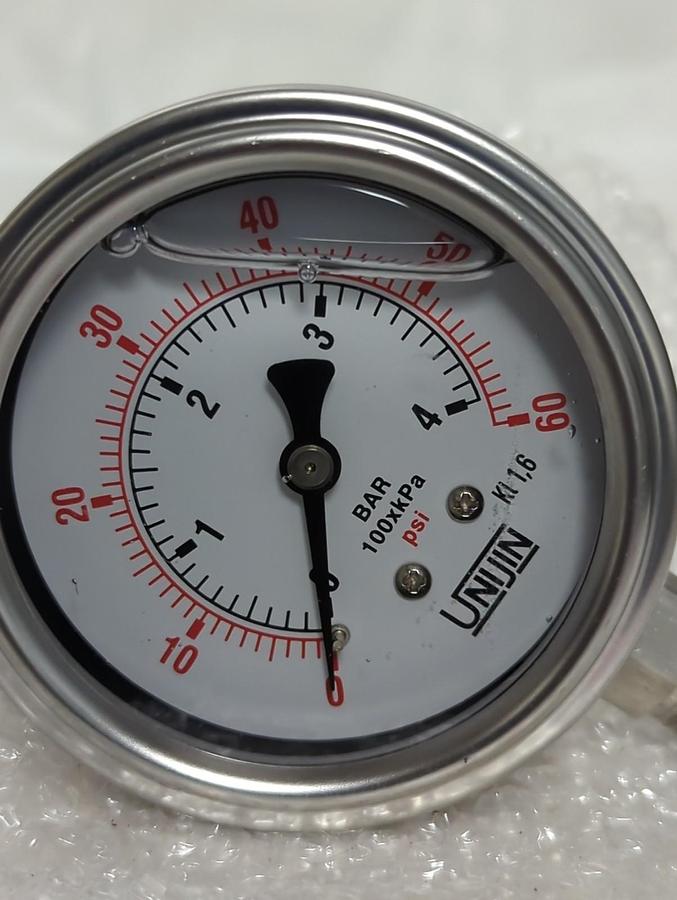 UNIJIN,P255,2-1/2 IN PRESSURE GAUGE 0-4BAR KPS/PSI 1/4 IN BOTTOM CONNECTION NOS