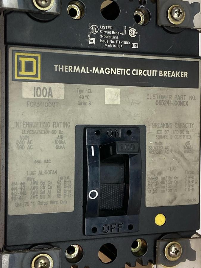 Used Square D,FCP34100MT,Circuit Breaker 480Vac 70A
