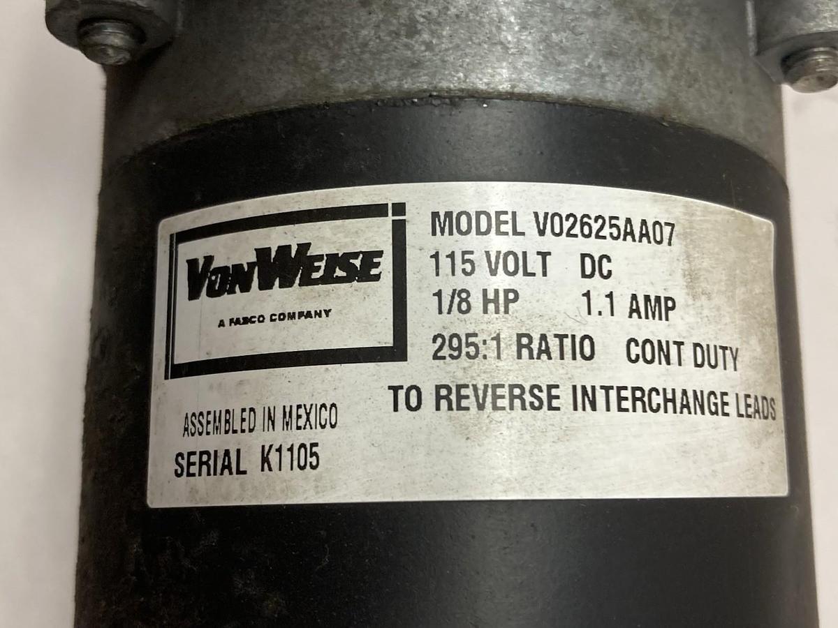 Used Von Weise,Model V02625AA07,Gear Motor 115V 1/8Hp 1.1A