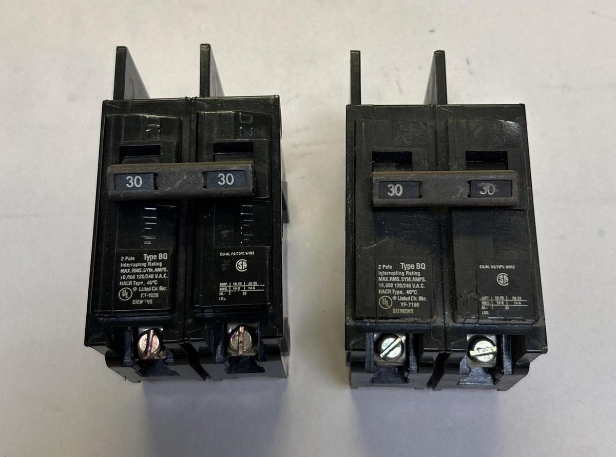 Used SIEMENS,BQ2B030,CIRCUIT BREAKER 30A 120/240V 2P LOT OF 2