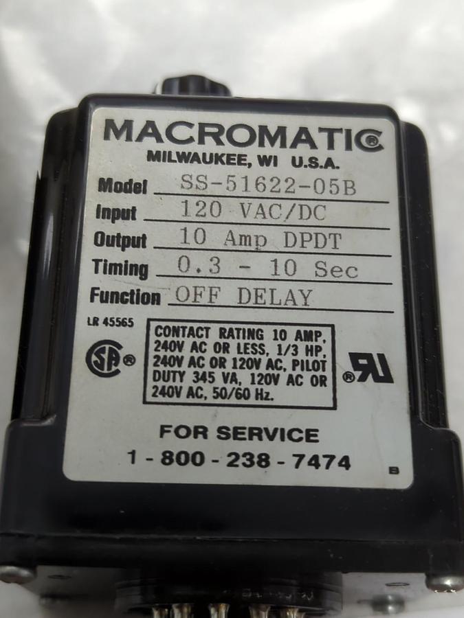 Used MACROMATIC,SS-51622-05B,TIME DELAY OFF RELAY 10 AMP 120 VAC/DC PRE-OWNED