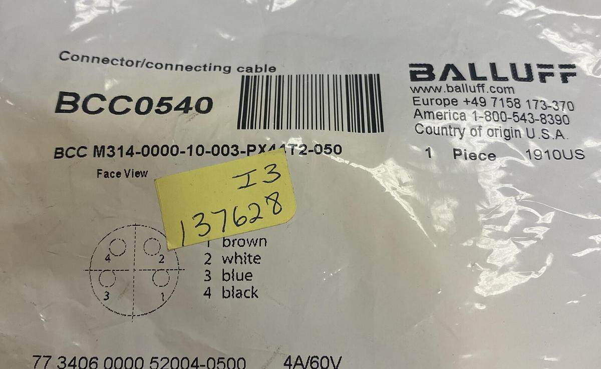 BALLUFF,BCC M314-0000-10-003-PX44T2-050, SINGLE-ENDED CORDSET BCC0540 NEW
