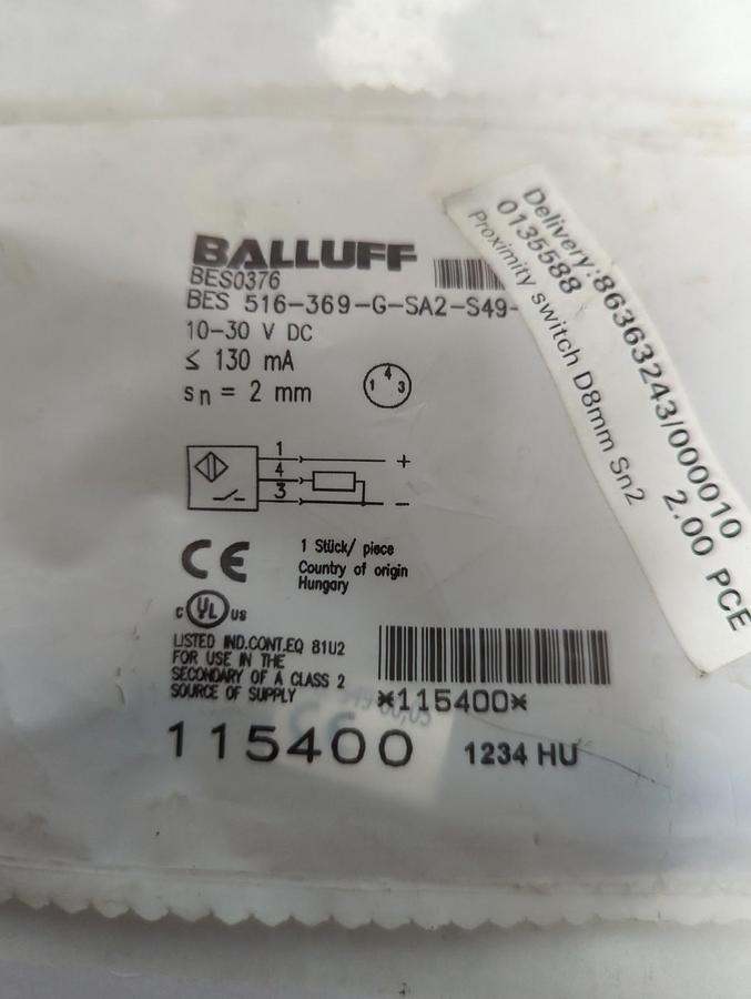 BALLUFF,BES0376,PROXIMITY SWITCH D8MM SN2 NOS