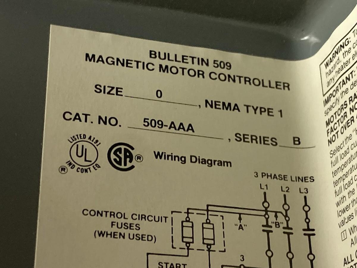 Used Allen-Bradley,509-AAA,3-Phase Starter Enclosure Ser B/509-A0A Contactor