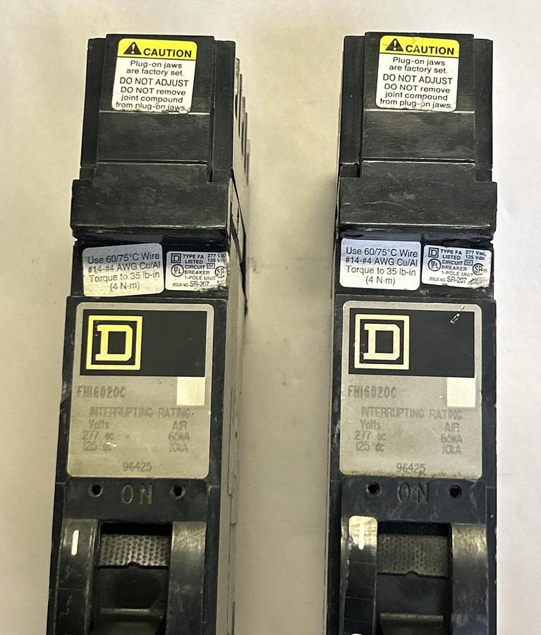 Used SQUARE D,FH16020C,I-LINE CIRCUIT BREAKER 20A 277V 1P LOT OF 2