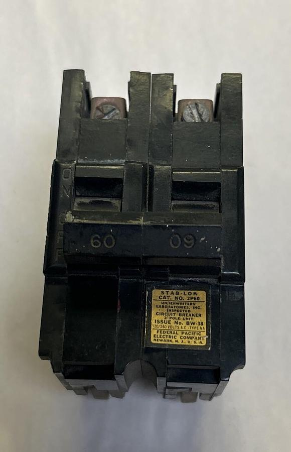 Used FEDERAL PACIFIC,2P60,CIRCUIT BREAKER 60A 120/240V 2P