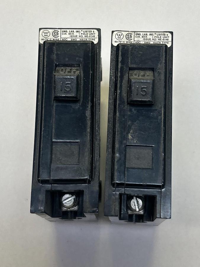 Used WESTINGHOUSE,BA115,CIRCUIT BREAKER 15A 120/240V 1P LOT OF 2