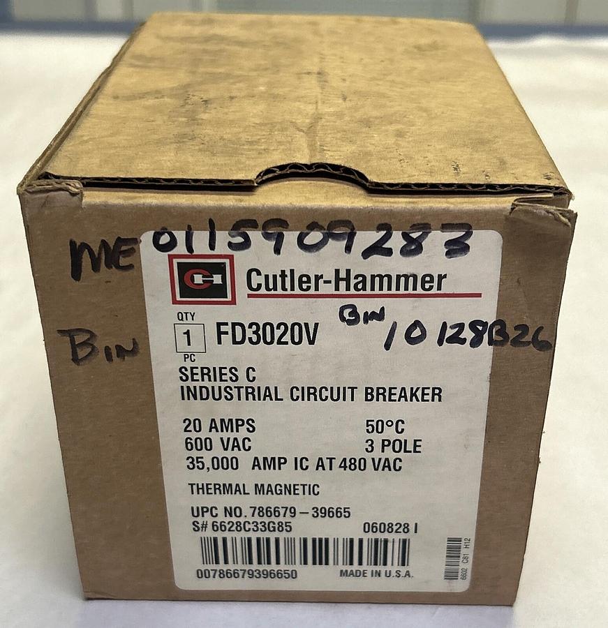 Used CUTLER-HAMMER,FD3020V,CIRCUIT BREAKER 20A 600V 3P NEW