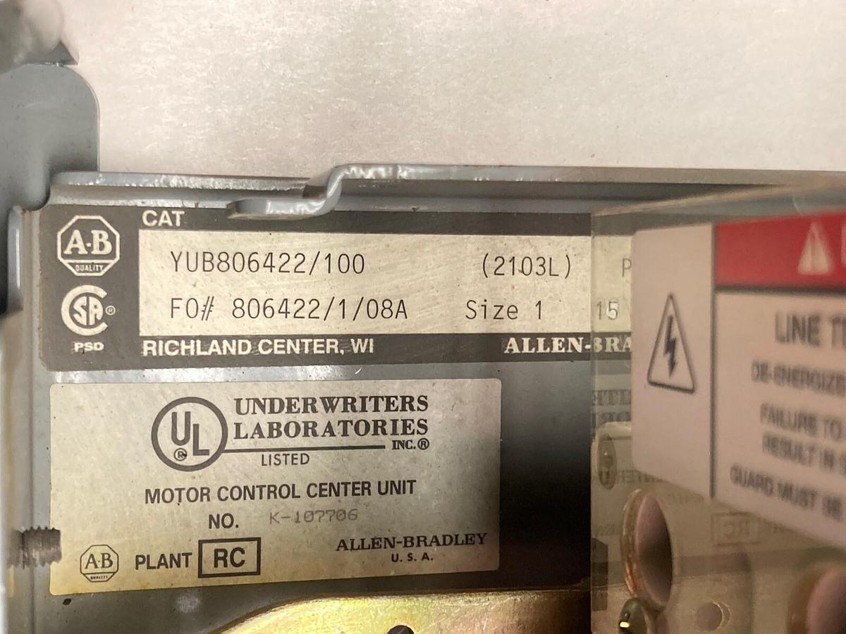 Used Allen Bradley,2100,2103L Size 1 Starter 15 INCH MCC Bucket 10amp Breaker
