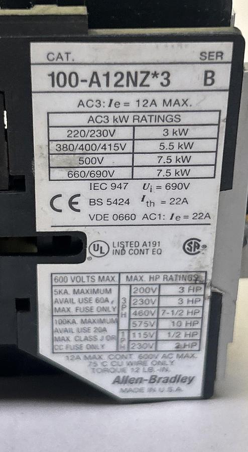 Used ALLEN BRADLEY,100-A12NZ*3,CONTACTOR 24VDC COIL