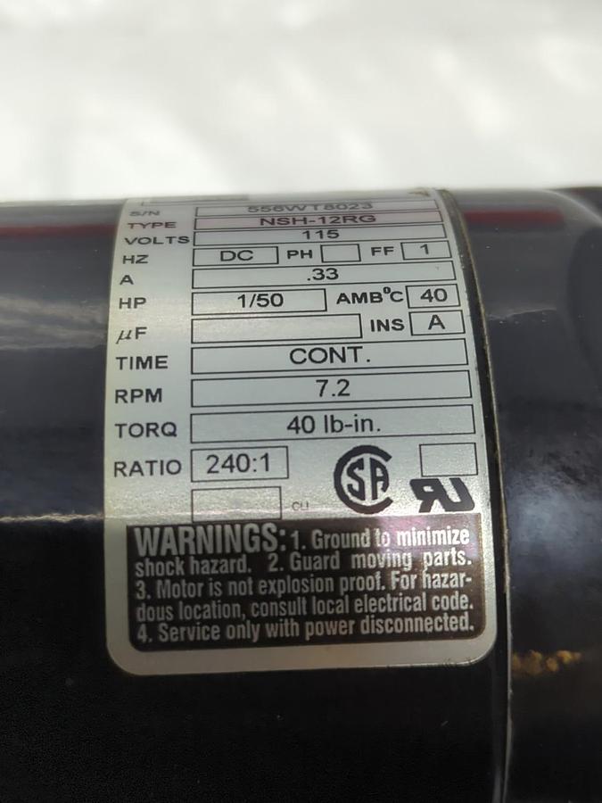 Used BODINE,NSH-12RG,ELECTRIC GEAR MOTOR 7.2RPM 115V 1/50HP PRE-OWNED