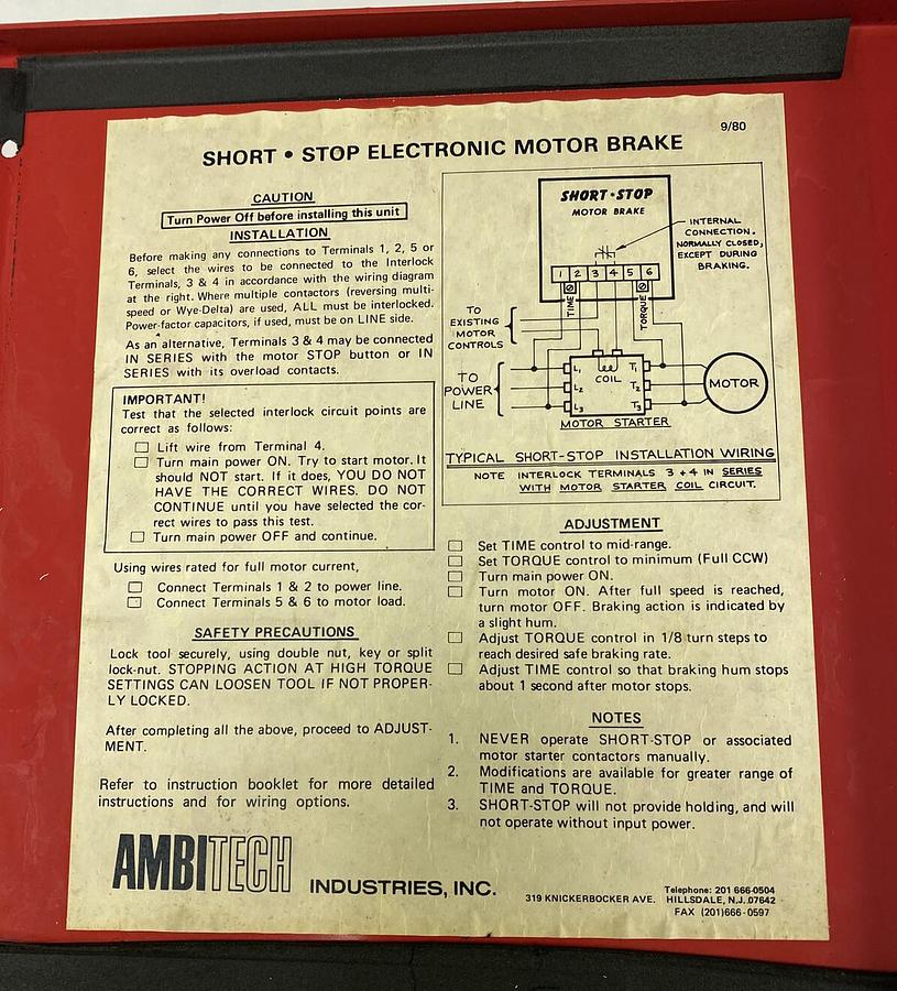 Used Ambitech,SS-4A-2WS,Short-Stop Motor Brake 460V 2HP HZ 60
