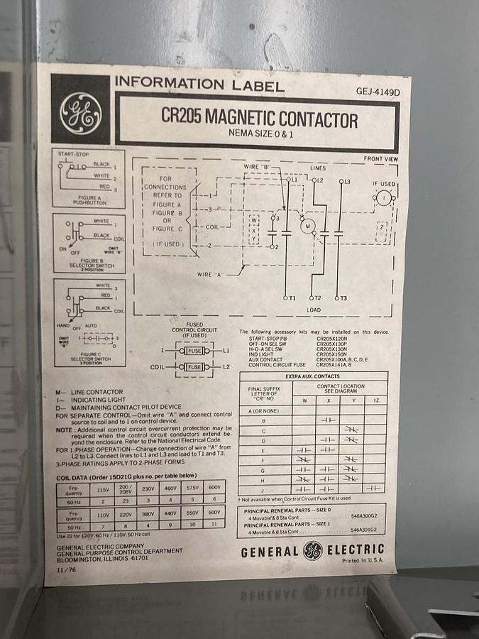 Used General Electric,CR205,Magnetic Contactor NEMA Size 1 27A 600Vac