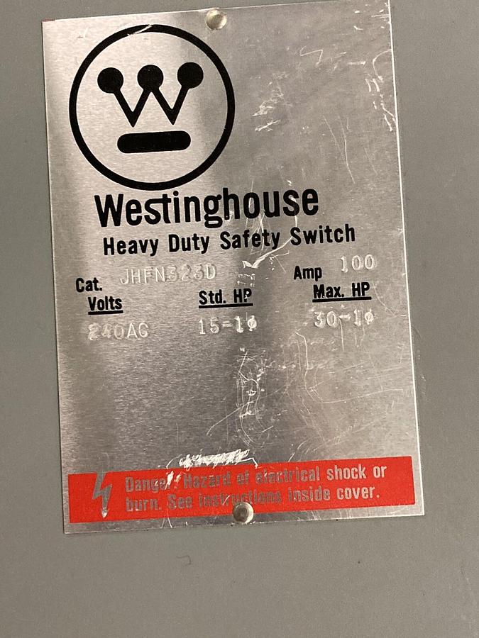 Used Westinghouse,JHFN223D,Heavy Duty Disconnect Switch 100A 240AC