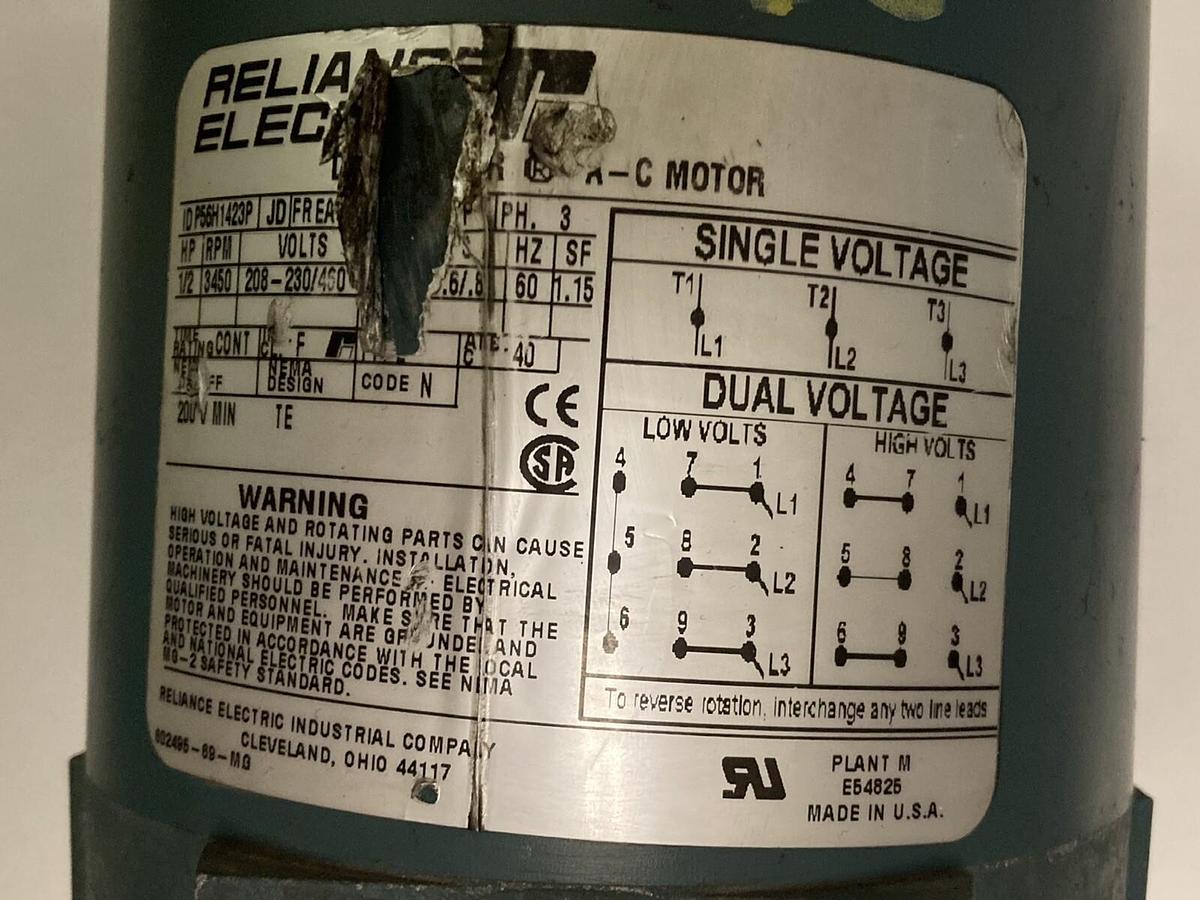 Used Reliance,P56H1423,1/2 Hp AC Motor 3450 RPM  208-230/460 Volts