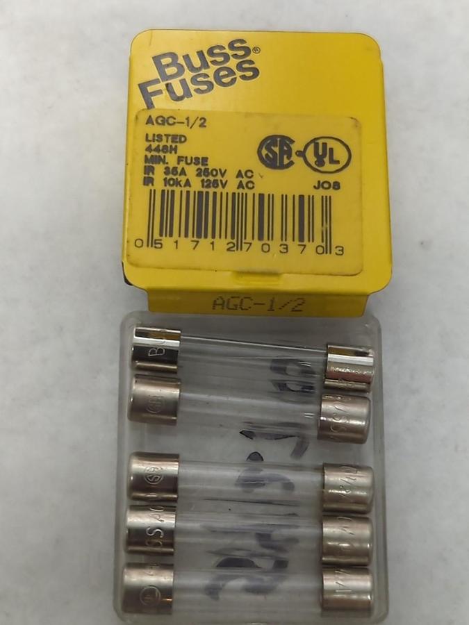 COOPER BUSSMANN,AGC-1/2,FAST ACTING 1/2 AMP FUSE PACK OF 5 NOS