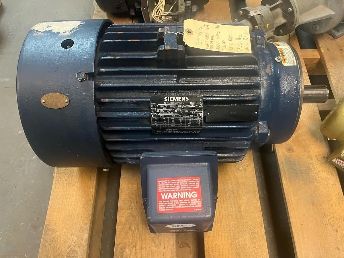 Used SIEMENS,7H-254THFPA8879AA-L,SEVERE DUTY MOTOR 7.6HP 1170RPM 460V 3PH 254TC