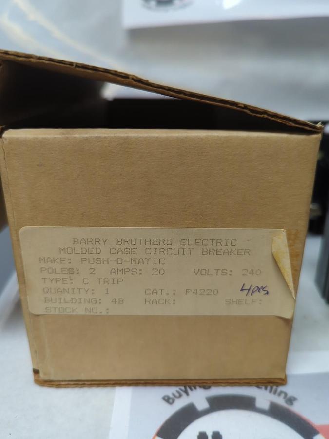 Used BARRY BRO. ELECTRIC,P4220, CIRCUIT BREAKER 20 AMP 2-POLE LOT OF 4 PRE-OWNED