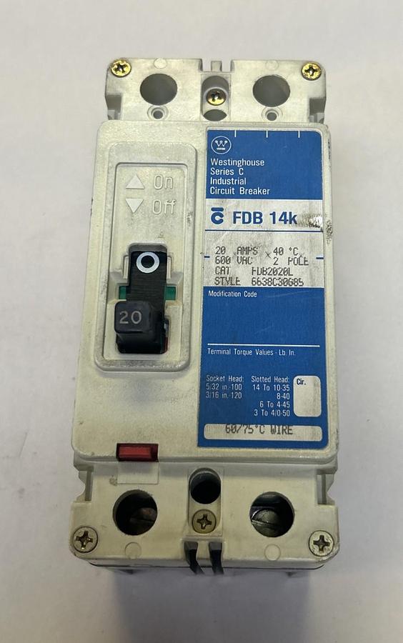 Used WESTINGHOUSE,FDB2020L,CIRCUIT BREAKER 20A 600V 2 POLE