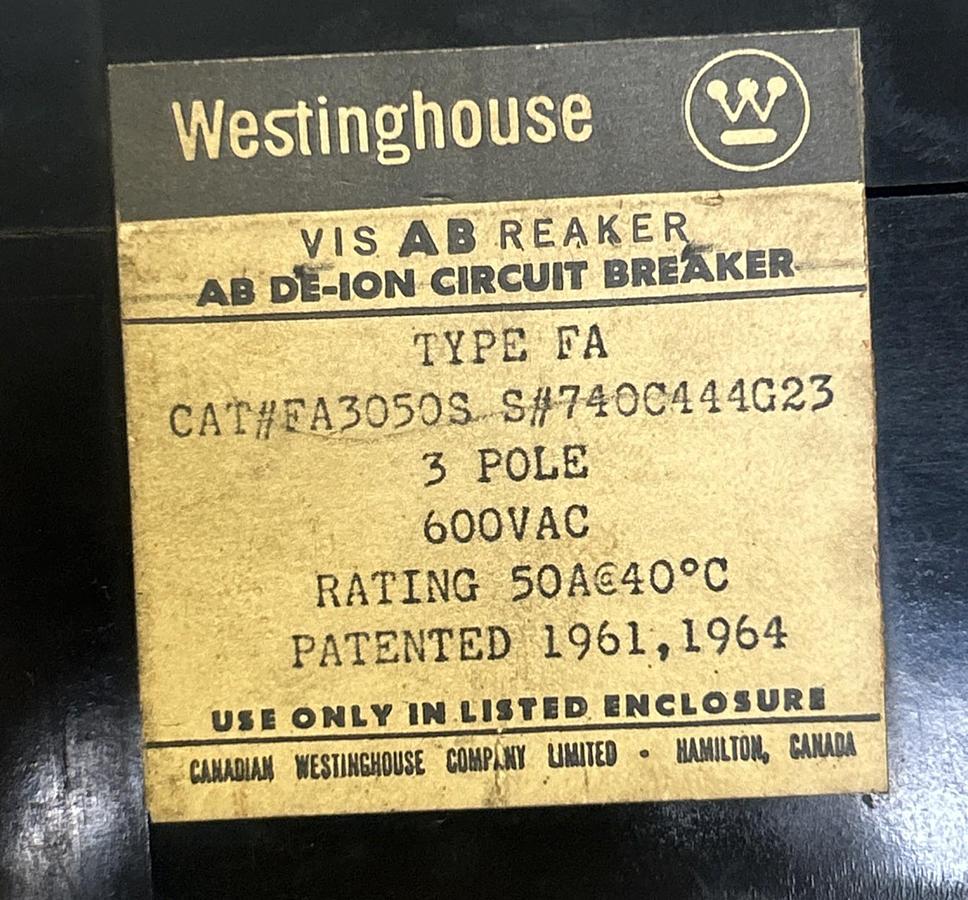 Used WESTINGHOUSE,FA3050S,CIRCUIT BREAKER 50A 600V 3P