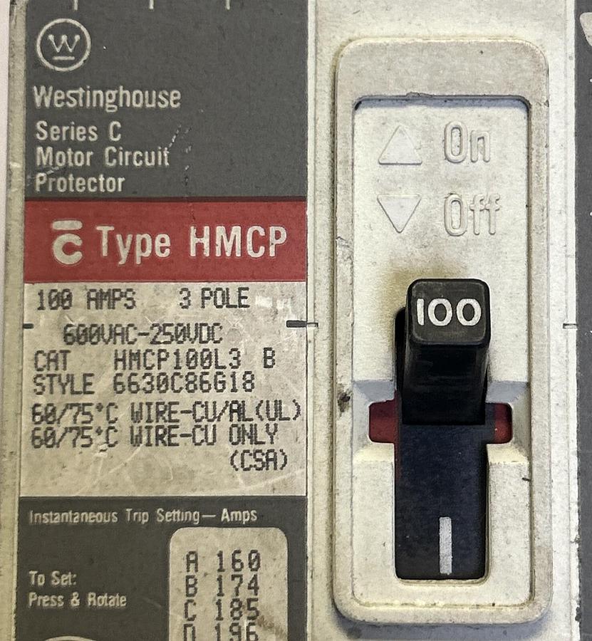 Used WESTINGHOUSE,HMCP100L3,CIRCUIT BREAKER 100A 600V 3P