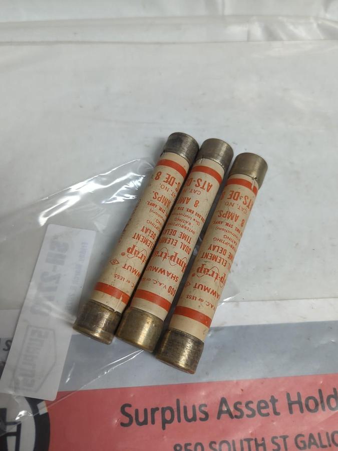 Used SHAWMUT,ATS-DE 8,AMP-TRAP 8 AMP FUSE LOT OF 3 PRE-OWNED