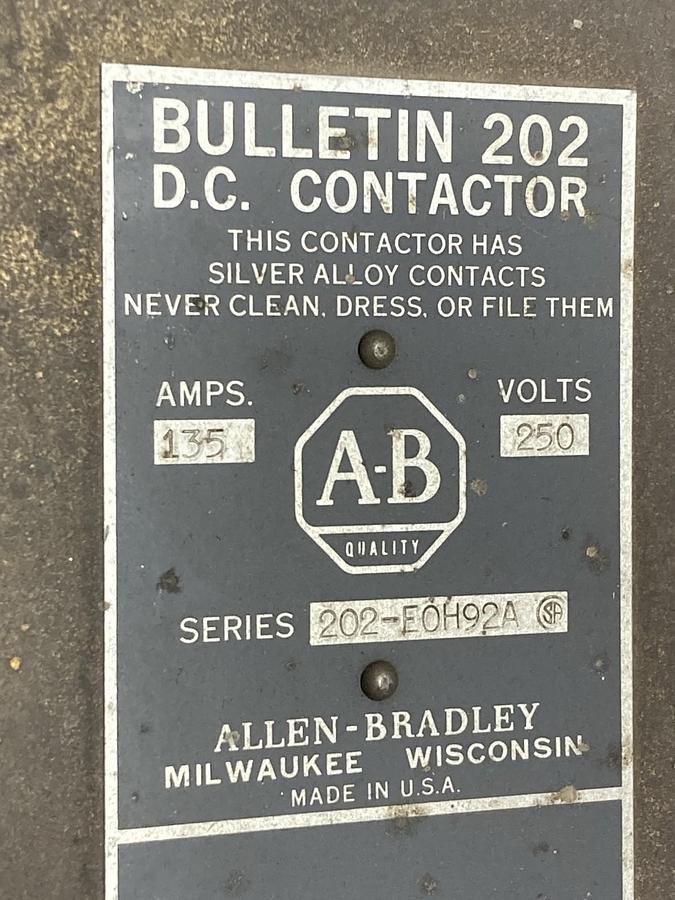 Used Allen-Bradley,Bulletin 202,D.C. Contactor 202-E0H92A 250V 135A