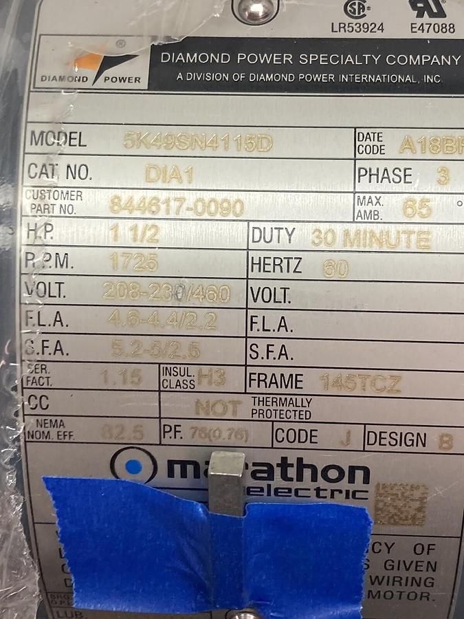 Used Marathon,5K49SN4115D DIA1,3-Phase Motor 1 1/2HP 1725 RPM 208-230/460V