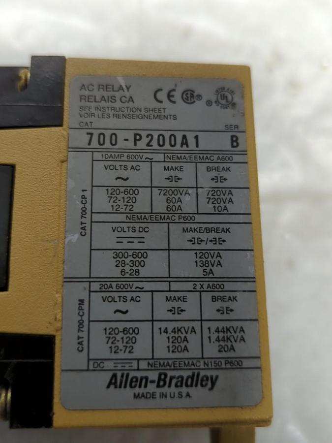 Used ALLEN BRADLEY,700-P200-A1,SERIES B AC RELAY PRE-OWNED