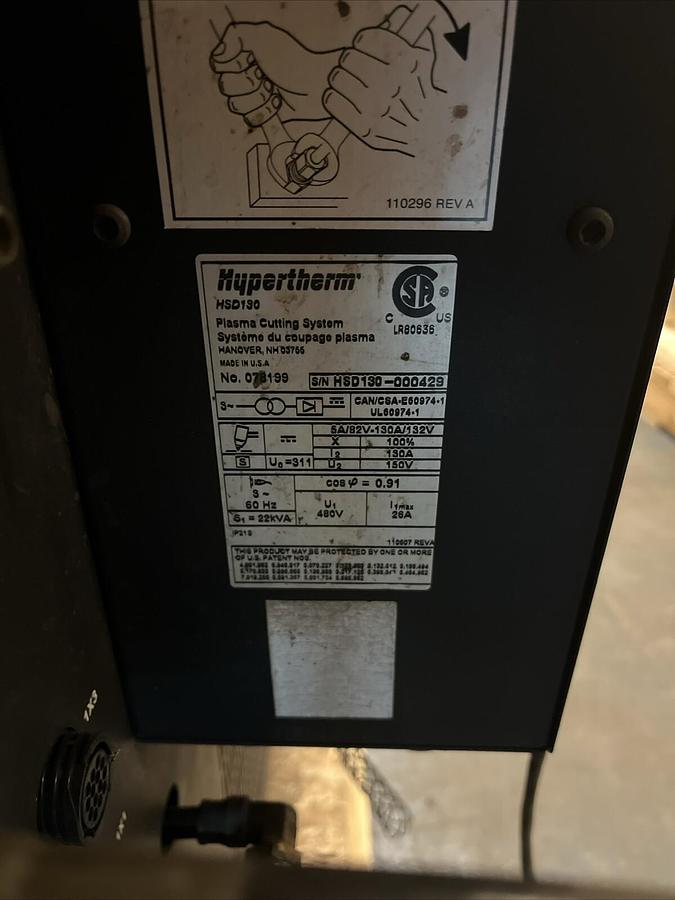 Used HYPERTHERM,HSD130,HYSPEED PLASMA CUTTING SYSTEM W/GAS CONSOLE