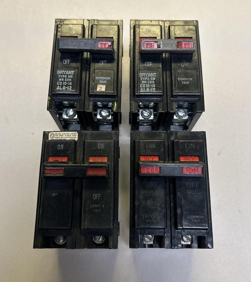 Used BRYANT,BR220,CIRCUIT BREAKER 20A 120/240V 2P LOT OF 4