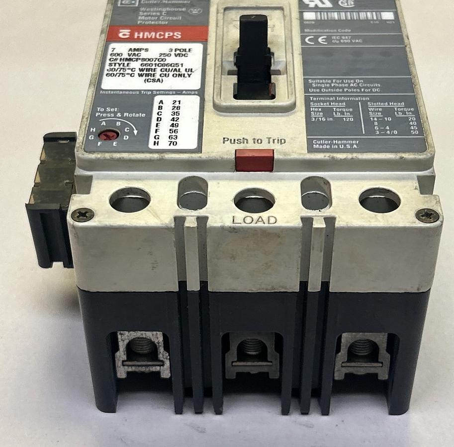 Used CUTLER-HAMMER,HMCPS007C0,CIRCUIT BREAKER 7A 600V 3P