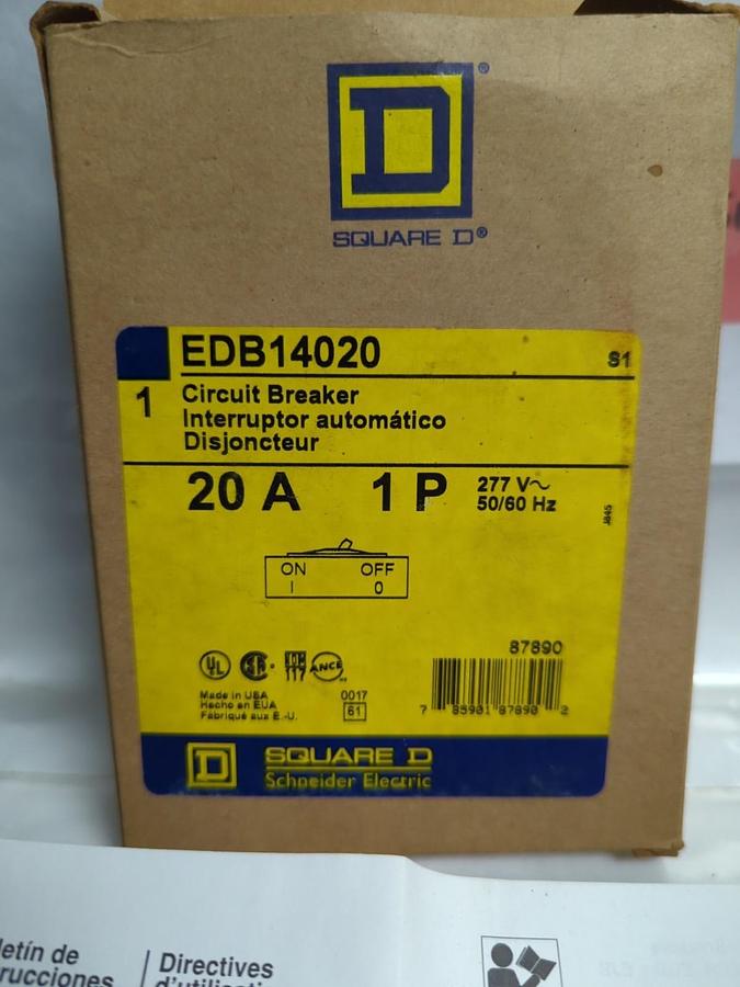 SQUARE D,EDB14020,CIRCUIT BREAKER 1-POLE 20A 277V 50/60HZ NOS