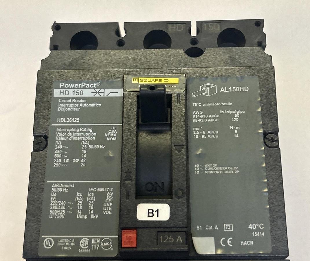 Used SQUARE D,HDL36125,CIRCUIT BREAKER 125A 600V 3P