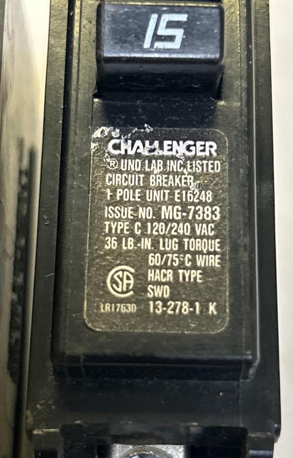 Used CHALLENGER,C115,CIRCUIT BREAKER 15A 120/240V 1P LOT OF 4